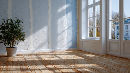 Fototapeta premium Newly finished drywall wall in dining room interior, smooth flawless surface catching natural daylight glow