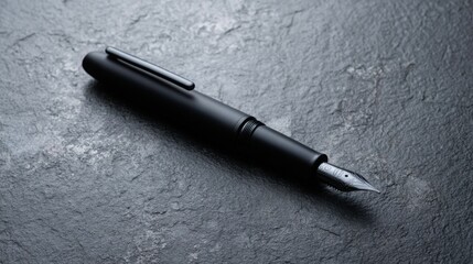 nib. Elegant fountain pen resting on a textured surface, captured from an overhead angle with warm lighting for a sophisticated look. lifestyle magazines.