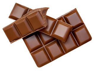 Broken chocolate bar pieces isolated on white. High-Quality Chocolate chunks with scattered  cocoa crumbs Top view. Flat lay. Pattern 