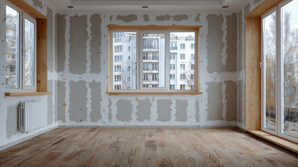 Empty residential construction scene, drywall installed across large wall, seamless and texture-free surface awaiting final touches