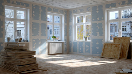 Fototapeta premium Empty residential construction scene, drywall installed across large wall, seamless and texture-free surface awaiting final touches