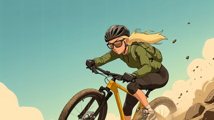 Woman Mountain Biking Downhill on Dusty Trail