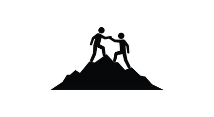 Two figures assisting each other to climb a dark mountain peak