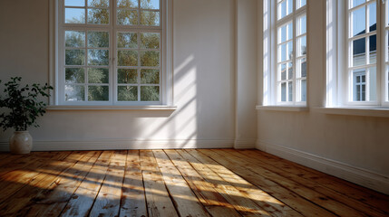 Fototapeta premium Bright unfinished home space with drywall walls, crisp smooth surfaces contrasting with raw wooden floor