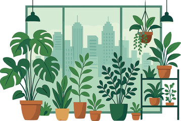 Obraz premium Contemporary indoor urban garden showcasing lush green plants and a city skyline