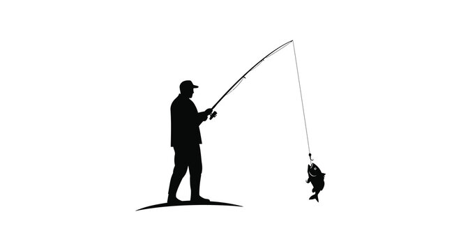 Silhouette of a fisherman casting a line with a caught fish