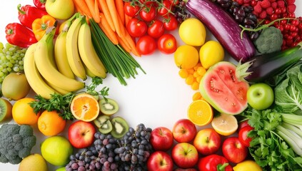A vibrant array of fresh fruits and vegetables arranged in a circular pattern on a white background, creating a colorful and healthy composition