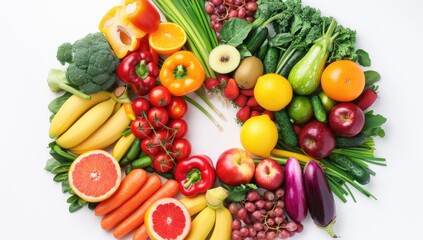 A vibrant circular arrangement of diverse fresh fruits and vegetables on a white background, showcasing a rainbow of colors and textures