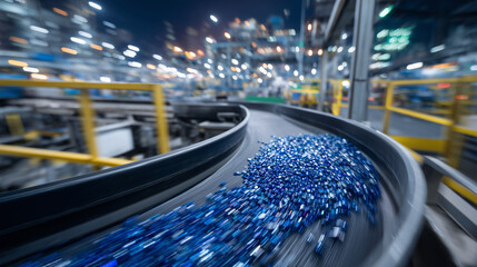 Close-up of glossy plastic pellets scattered on factory conveyor belt, petrochemical machinery blurred in background, industrial lighting emphasizing textures