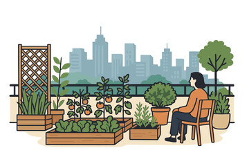 Naklejka premium Sustainable rooftop garden with a skyline view, offering a green escape for urban living