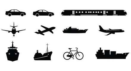 Various forms of transportation illustrated in simple black silhouettes collection