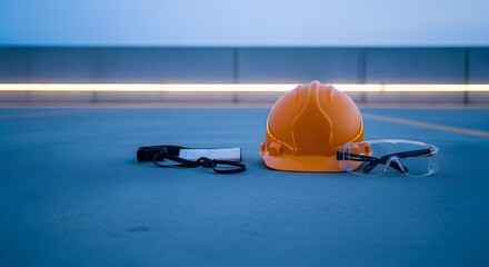 An orange hard hat, safety glasses, and a notebook on a textured surface, with a modern, illuminated background at dusk. Symbolizes safety, planning, and professionalism in industrial settings.