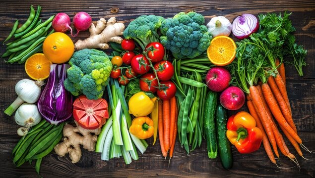A vibrant collection of fresh produce, including various fruits and vegetables, artfully arranged on a dark wooden surface