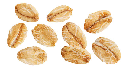 Oat flakes  isolated on white background. Levitating Rolled oat flakes Top view. Flat lay