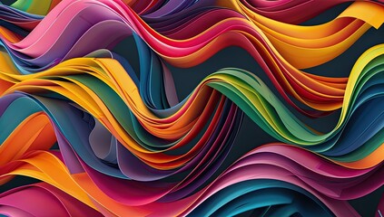 Vibrant, undulating ribbons of various colors intertwine and flow across the image, creating a dynamic and visually striking abstract composition