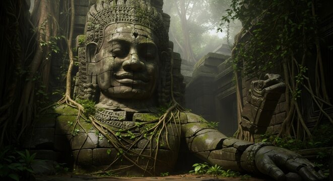 Ancient stone head statue in overgrown temple ruins. Historical landmark with moss and tree roots. Archeology and travel concept. - Powered by Adobe