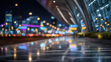 Close-up of vibrant bokeh lights reflecting on polished airport floors, modern architectural lines of Hamad International framing the scene