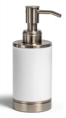 Obraz premium Cylindrical white ceramic soap dispenser with a brushed nickel pump and base. Simple, modern design.