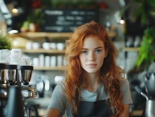 Red Haired Barista in Coffee Shop