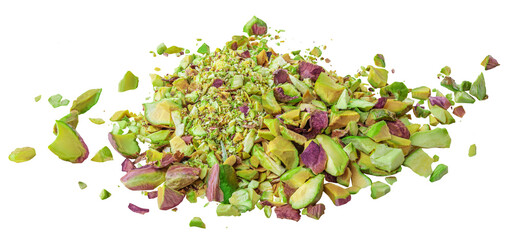 Isolated Pistachio crumbs on white background. Pistachio  Explosion with broken nut pieces. Levitating Pistachio nuts  Top view. Flat lay. Pattern 