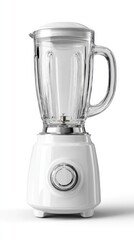 Studio shot of a white electric blender with a glass jar against a bright white background. 