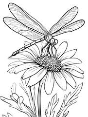 Cute dragonfly sitting on a daisy flower coloring page