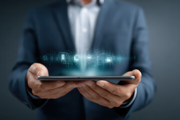 AI interface emerging from a tablet held by a business user, showing holographic communication, network flow lines, and speech recognition modules with glowing highlights