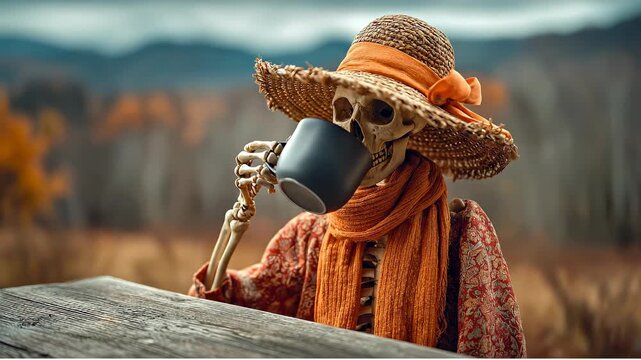 Skeleton in hat drinking coffee outdoors. A skeleton in a straw hat and orange scarf drinks coffee at a wooden table