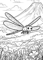 A dragonfly in the meadow with a volcano coloring page