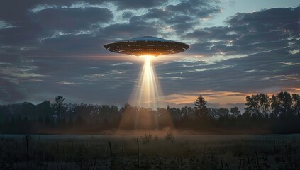 A classic flying saucer hovers over a misty field at dawn, its beam illuminating the ground.  A dramatic, atmospheric scene