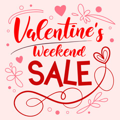 Valentine s Weekend Sale Promotion with Hearts Flowers and Swirls on a Light Pink Background