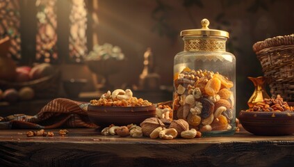 A rustic wooden table displays various dried fruits and nuts in bowls and a decorative glass jar, bathed in warm, ambient light. The background hints at a richly textured, exotic setting