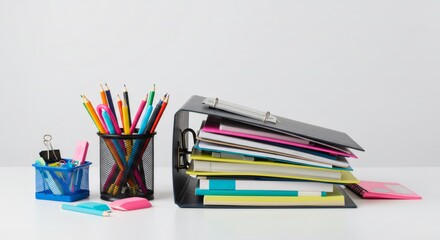 Fototapeta premium Colorful Pencils Notebooks and Binder on White Desk