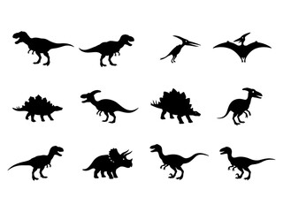 Silhouette Illustrations of Various Dinosaurs on a White Background A Collection of Prehistoric Creatures