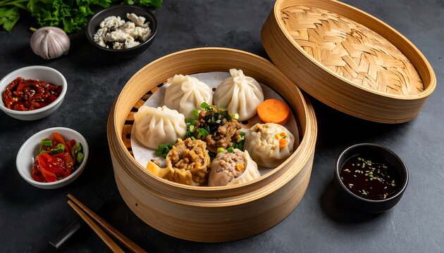 Steamed dumplings in a bamboo steamer