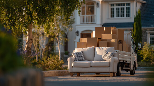 Neatly loaded moving truck on residential street, boxes of varying sizes and wrapped sofas, soft sunlight casting shadows across pavement