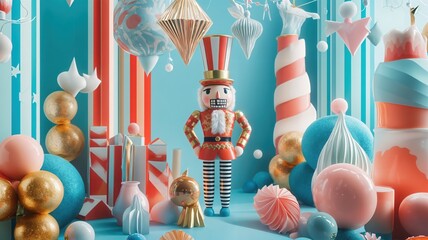 A Delightful Holiday Vignette Featuring a Traditional Nutcracker Soldier Standing Amongst an Array of Soft-Hued Festive Decorations and Playful Gifts