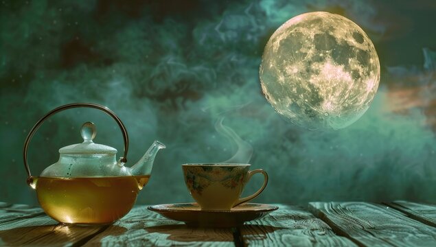 A steaming cup and teapot of tea rest on a rustic wooden table, illuminated by a large, hazy moon in a smoky, starlit night sky