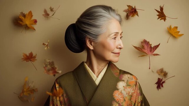 高齢の女性が秋の背景で微笑む人物写真