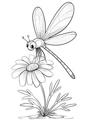 Cute dragonfly sitting on a daisy flower coloring page