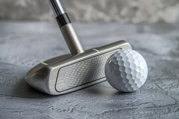 Close-up of a silver putter lying on a textured gray surface, next to a white golf ball, ready for a putt