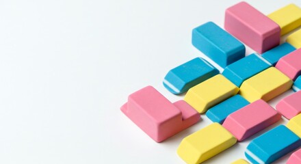 Obraz premium Colorful Rectangular Erasers Arranged on White Background