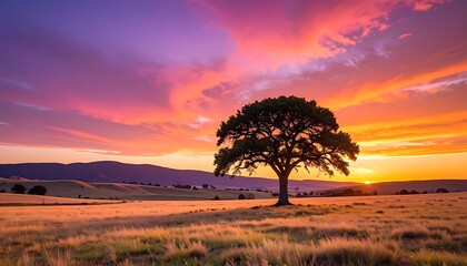 A vibrant sunset illuminates a solitary tree in a field, with rolling hills in the distance. The sky is painted in fiery colors