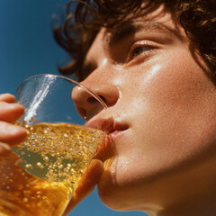 Close-up of tanned man with brown hair drinking lemonade from a glass outdoors under blue sky, warm sunlight, lifestyle photography