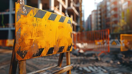Bright Yellow Construction Sign at Urban Building Site Background