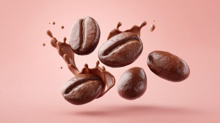 Floating coffee beans splashing chocolate on a soft pink background, creating a dynamic and appetizing scene with a focus on motion and texture