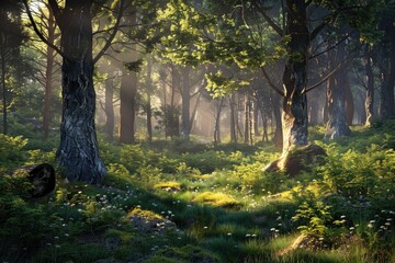 High Detail Picture of Forest with Dappled Light and Lush Foliage