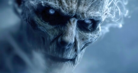 A cinematic profile of an ancient soul hunter, a powerful ice demon or lord of winter, a majestic and terrifying fantasy monster from the north, a concept of cold, dark magic and an evil elemental.

