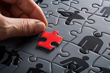 A hand places a red puzzle piece into a larger gray puzzle depicting various human figures.  It symbolizes finding the right person or completing a team