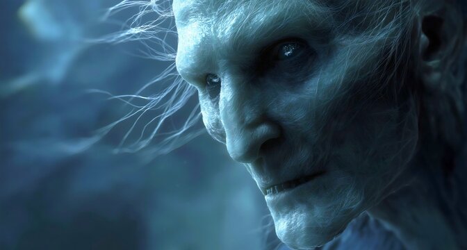 A sinister portrait of a cunning soul hunter, a fantasy ice demon with a cruel and evil smirk, a magical monster with cold, dead eyes, a terrifying villain character from a dark fantasy world.

